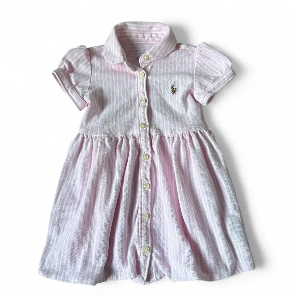 Ralph Lauren Baby Girl Pink Striped Polo Dress with Bloomers | 6 Months